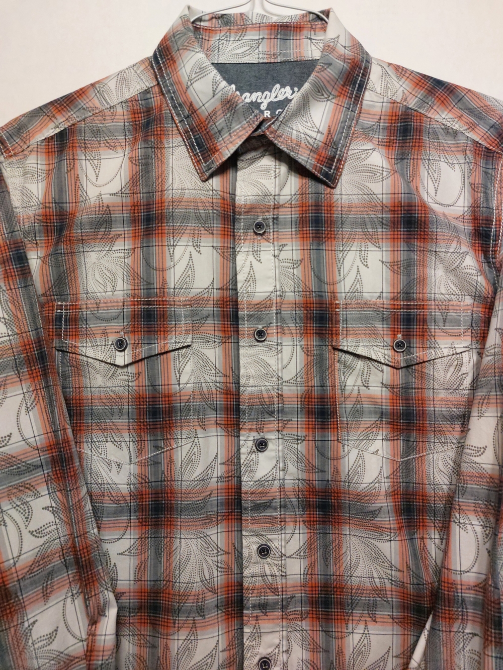 Wrangler Orange and Gray Plaid Western Button-Down Shirt